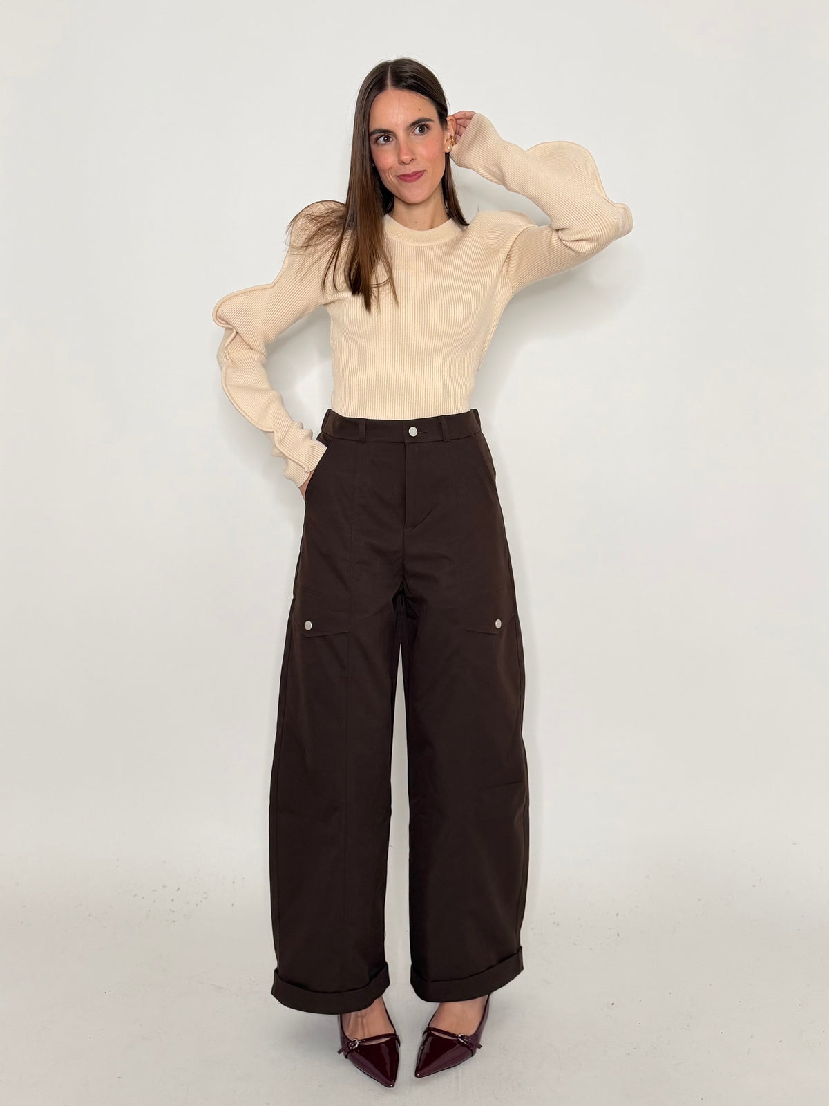 Pantalone cargo wide leg cioccolato