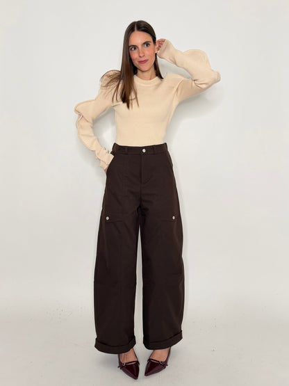 Pantalone cargo wide leg cioccolato
