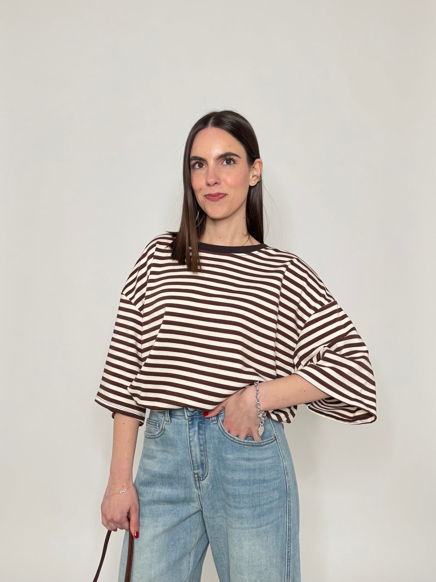 Maglia Felpa a righe light cotton in cotone Cioccolato/Panna