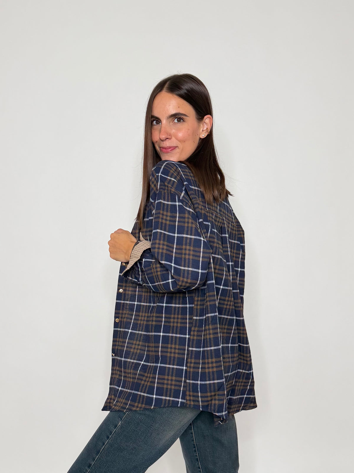 Camicia check in cotone con taschino blu