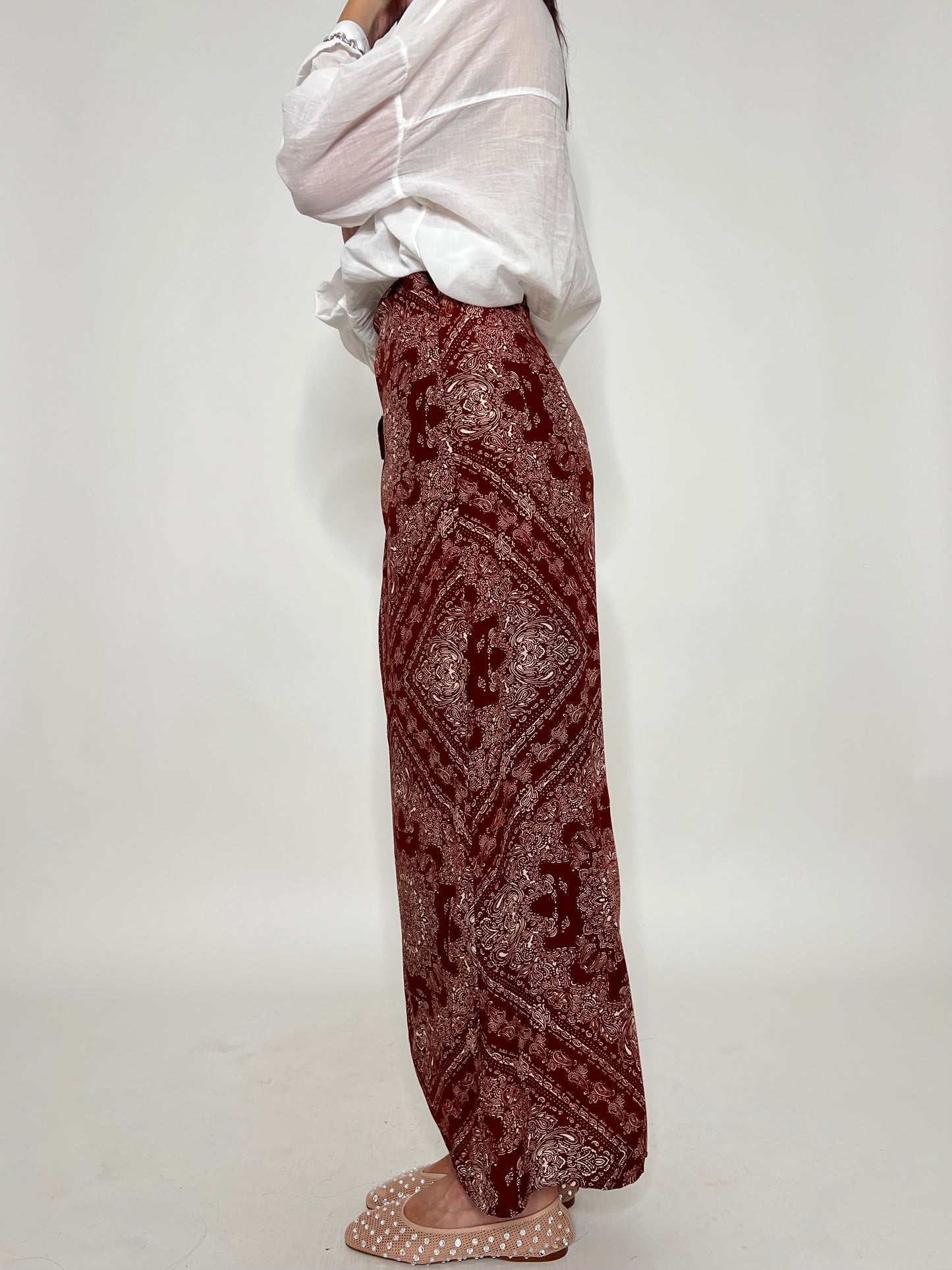 Gonna pareo in fresca viscosa stampa bandana bordeaux
