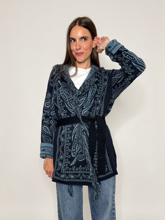 Cardigan frange stampa bandana blu notte/celeste