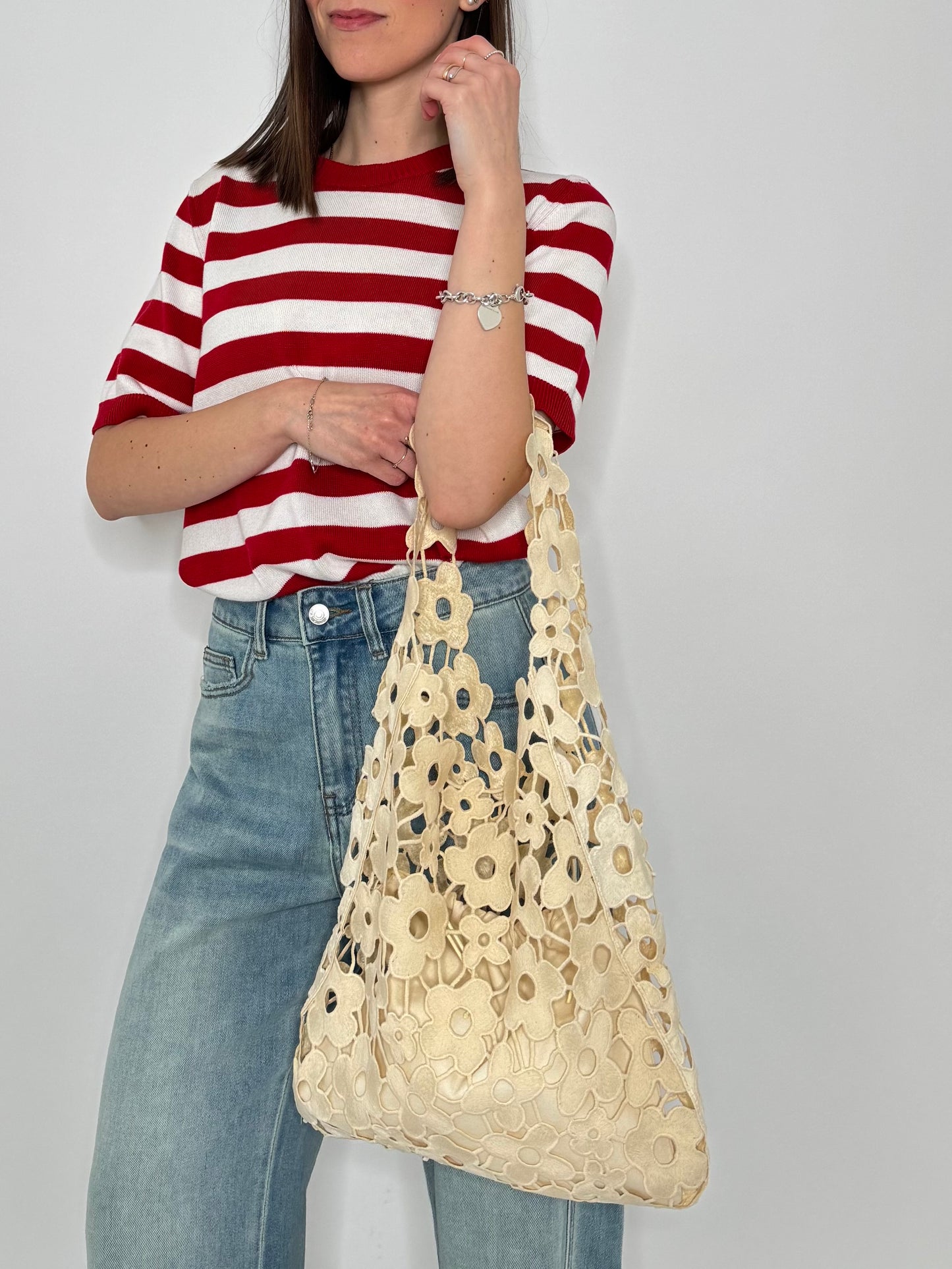 Tote bag effetto macramè floreale Panna