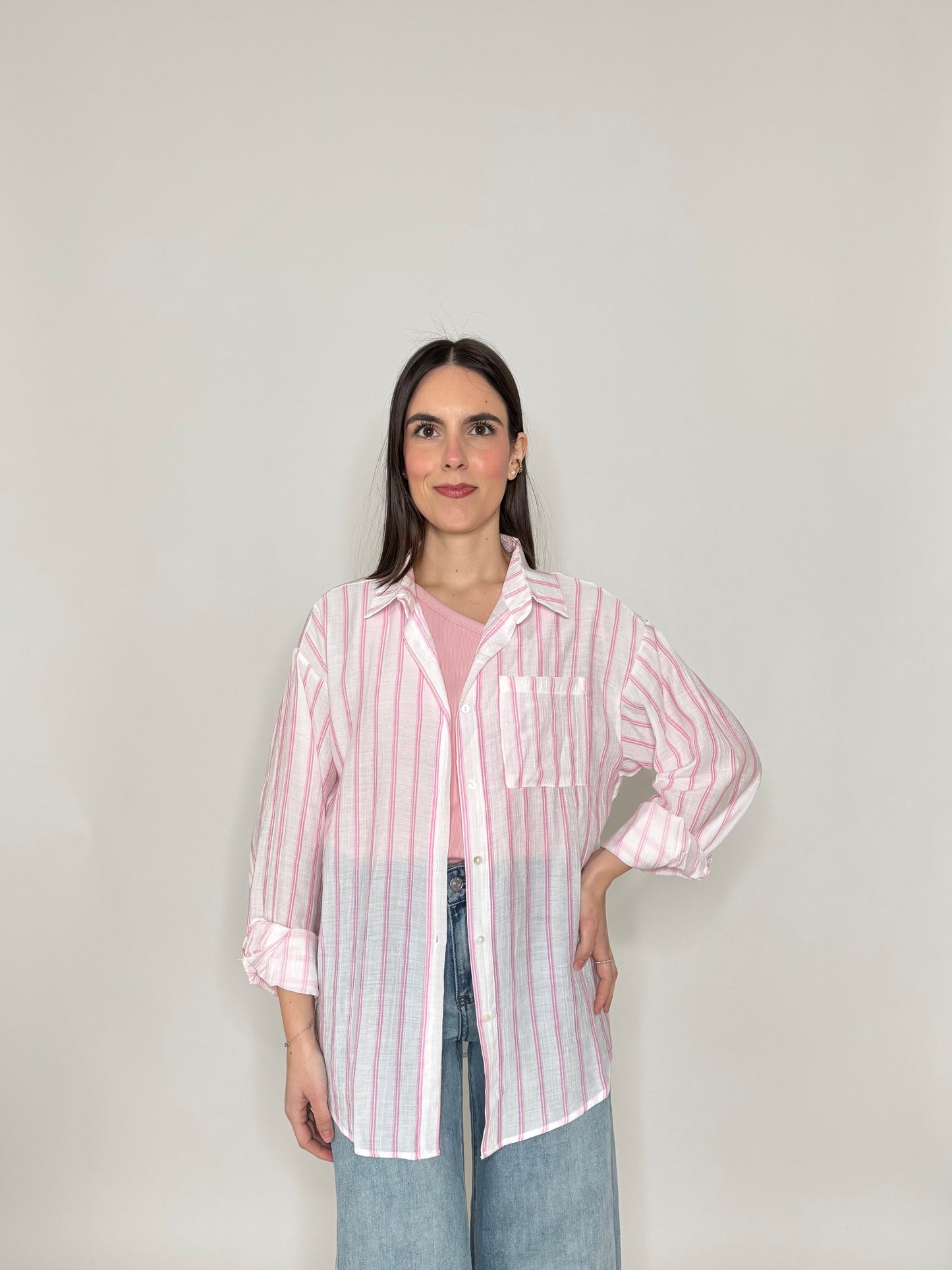 Camicia in leggera viscosa a righe Rosa
