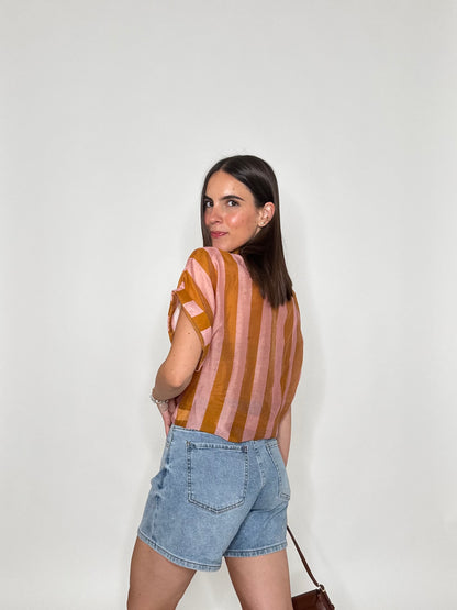 Camicia a righe in lyocell manica corta coccio/rosa