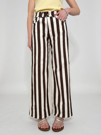 Jeans cinque tasche a righe modello wide leg Panna/cioccolato