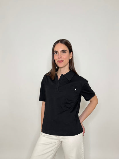 Polo basic light cotton con taschino e cuore Nero
