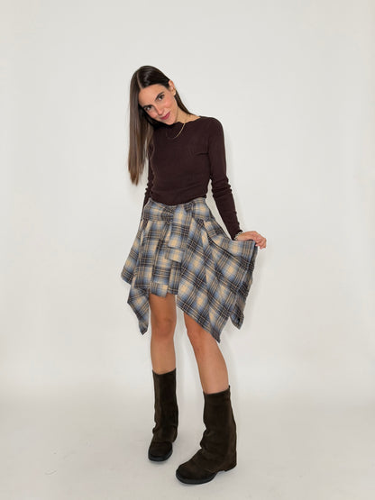 Gonna a camicia con pantaloncino fantasia tartan vintage beige