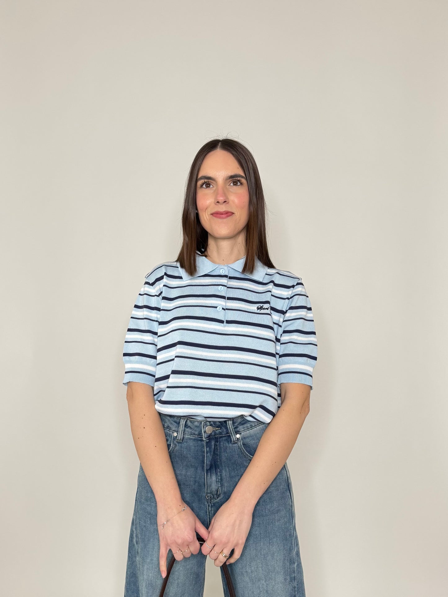 Polo in filo di viscosa a righe Celeste/blu navy