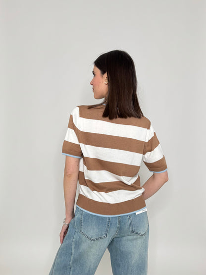 Maglia girocollo a righe manica corta in 100% cotone Panna/Camel/Celeste