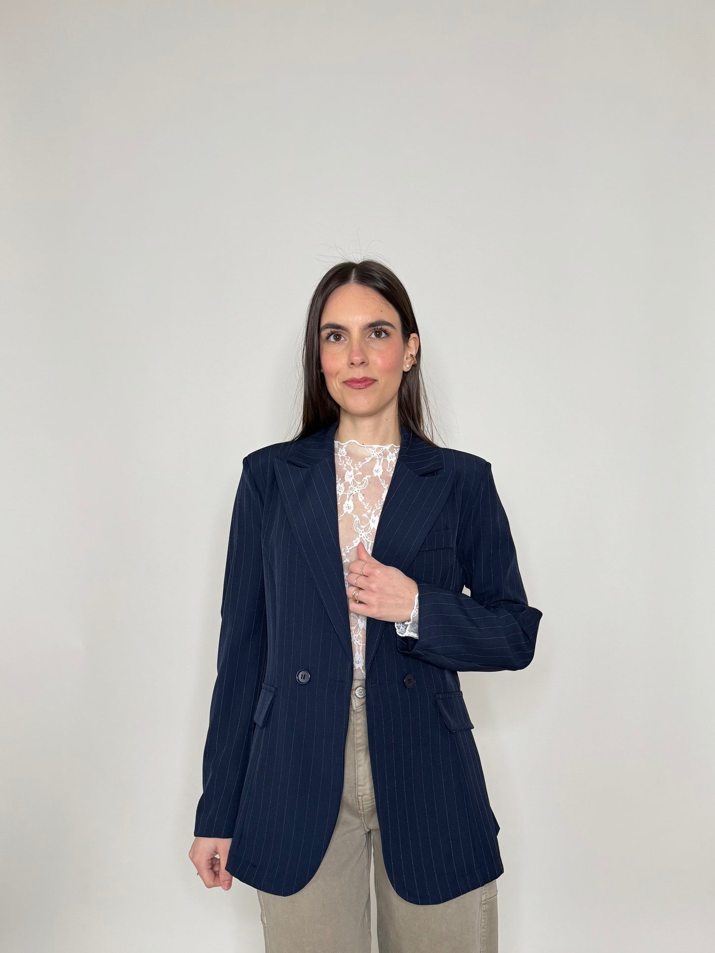 Giacca gessata doppiopetto intreccio Blu Navy