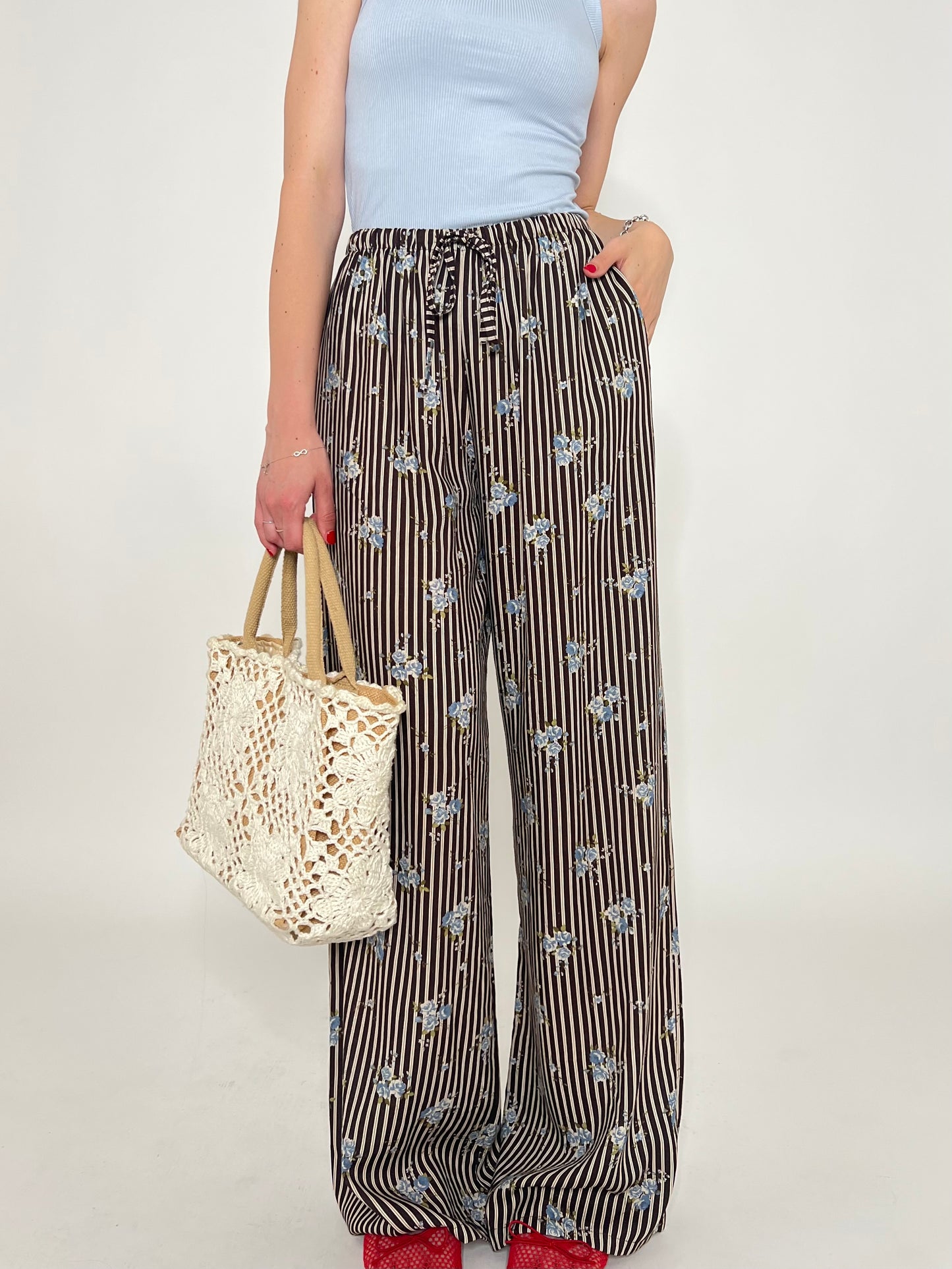 Pantalone in fantasia misto lino e viscosa Cioccolato