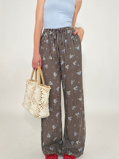 Pantalone in fantasia misto lino e viscosa Cioccolato