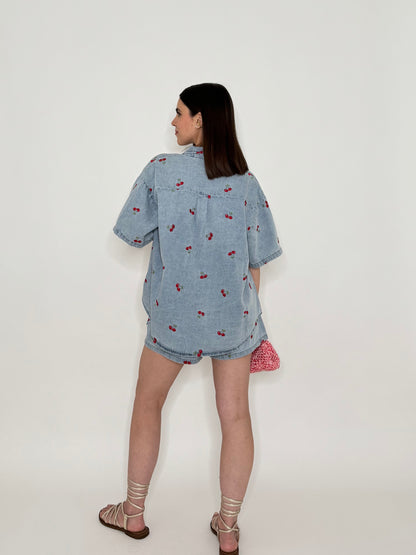 Completo denim in cotone con ricami