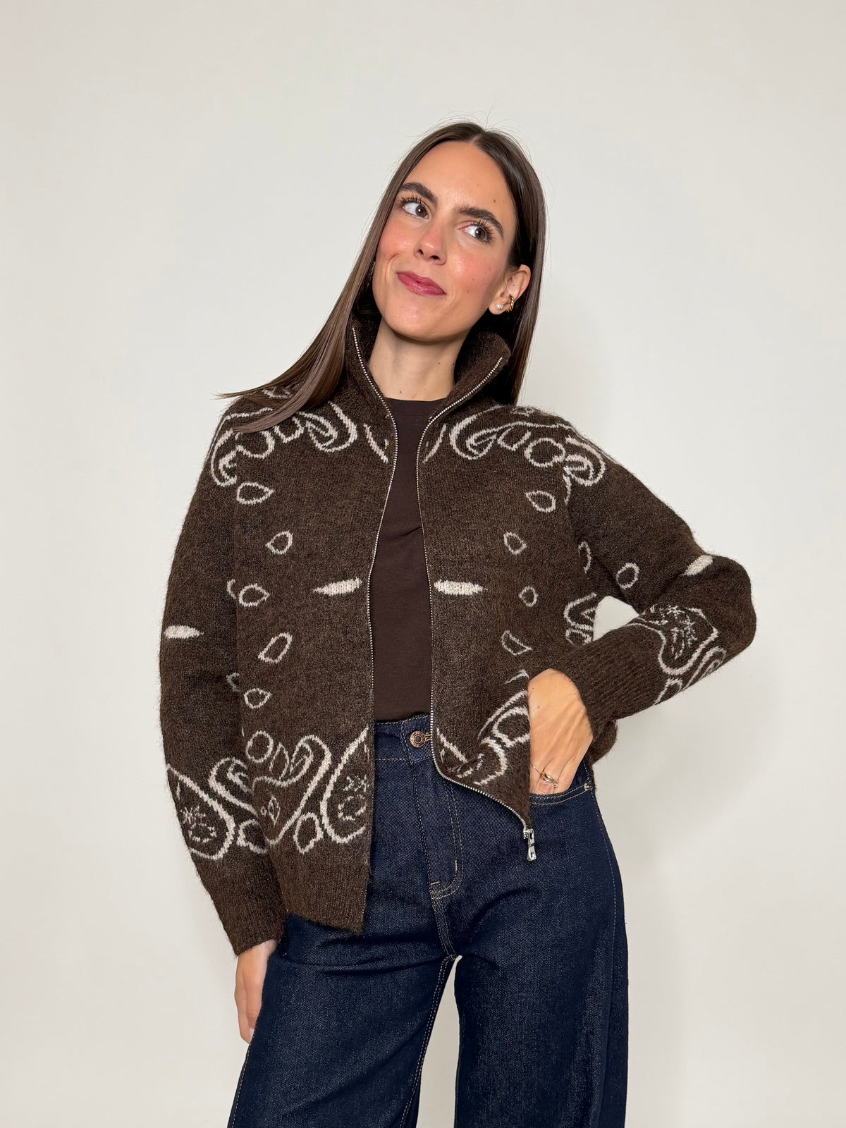 Cardigan con zip Bandana misto lana Cioccolato