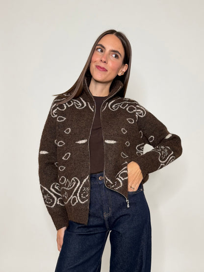 Cardigan con zip Bandana misto lana Cioccolato