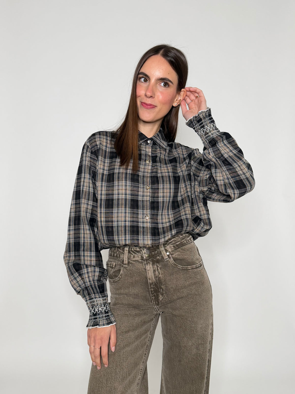 Camicia check con stampa vichy interna e polsino ricamato in cotone