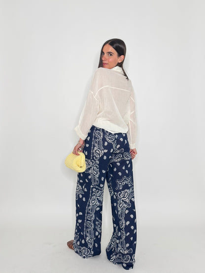 Pantalone in mussola di cotone stampa bandana Blu