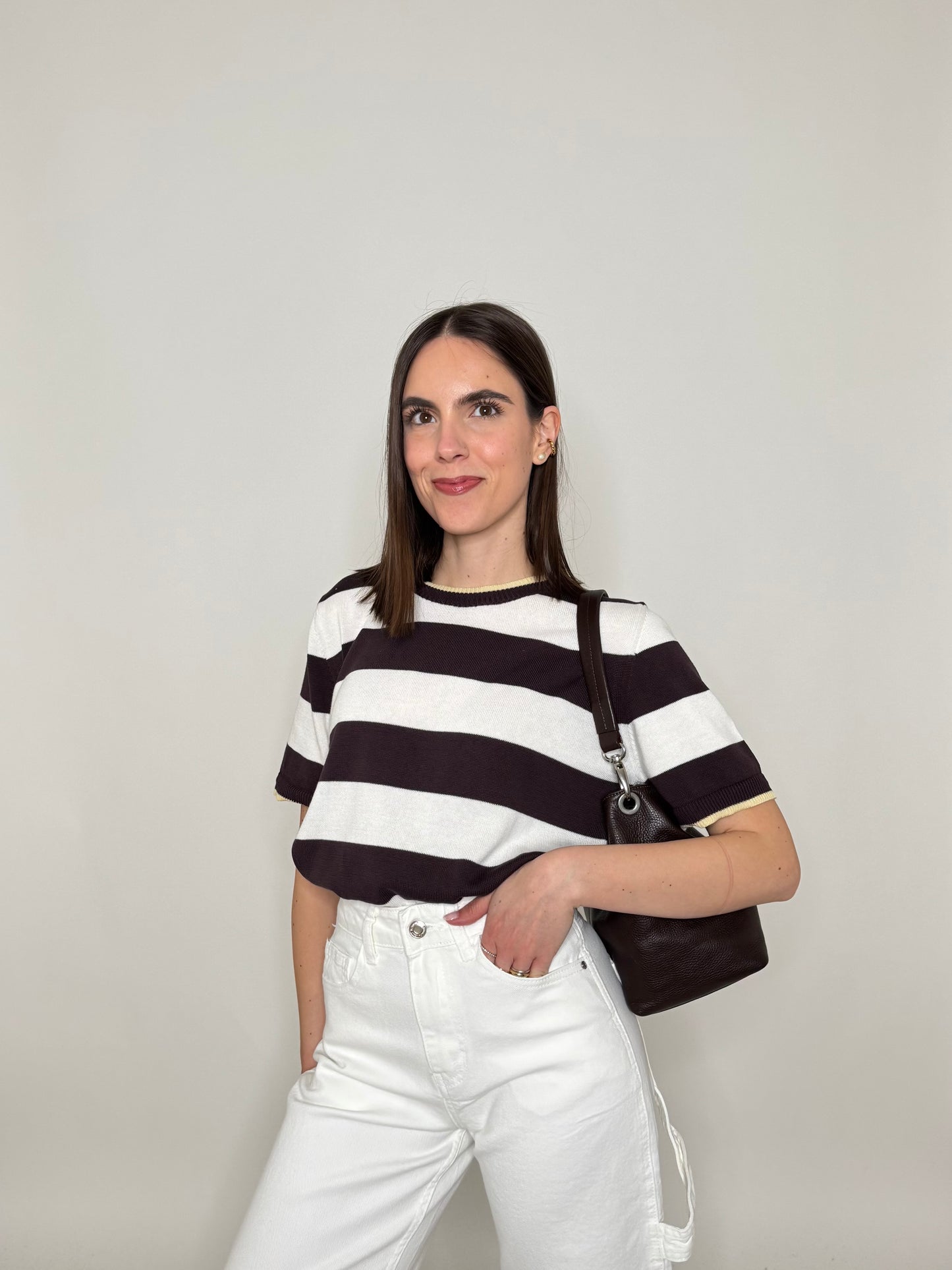 Maglia girocollo a righe manica corta in 100% cotone Moro/Panna