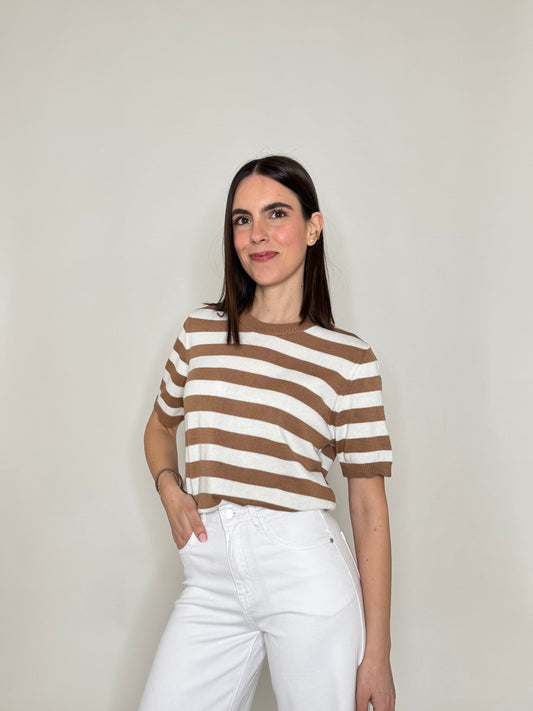 Maglia girocollo a righe manica corta in 100% cotone Camel/Panna