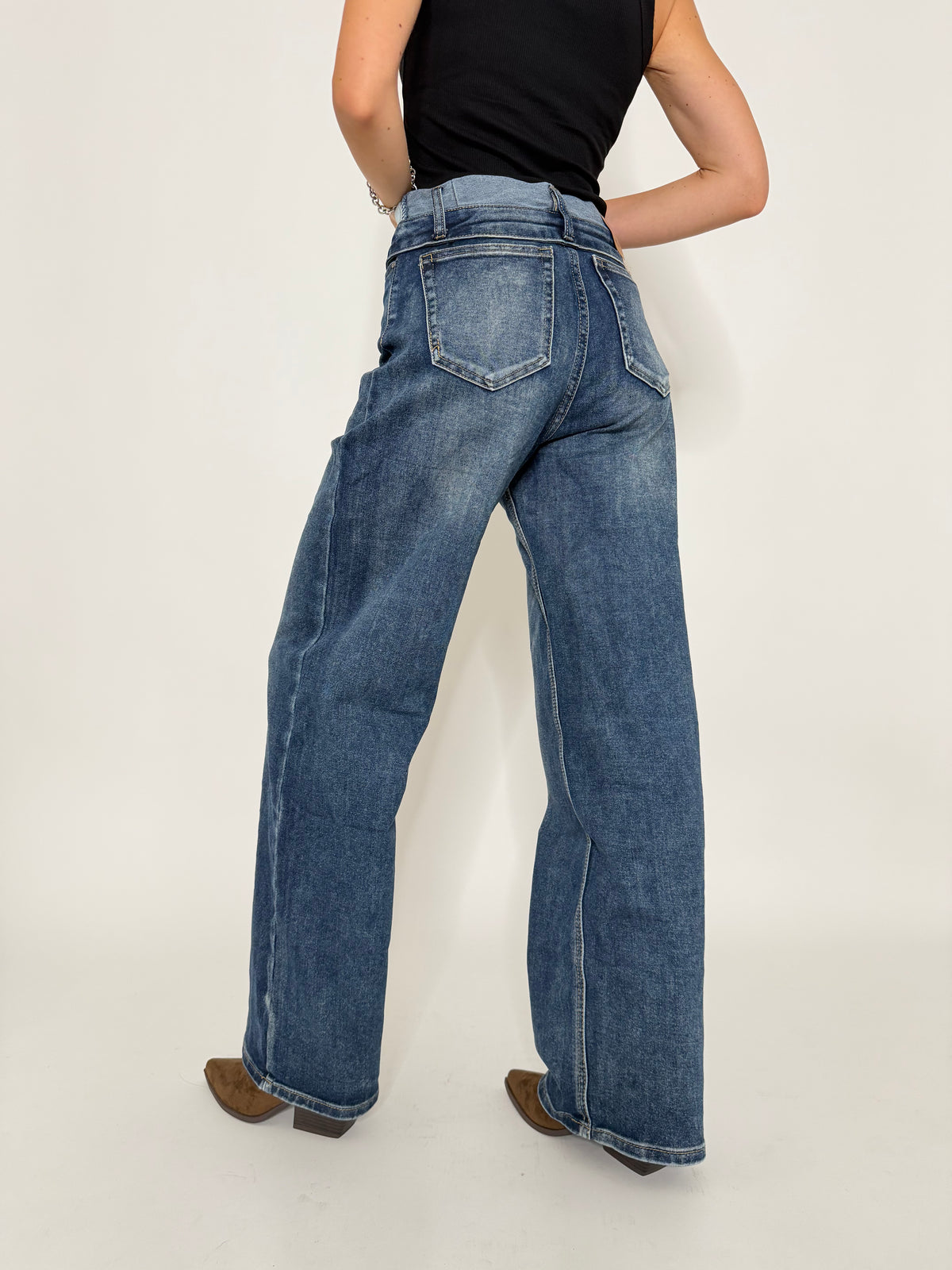 Jeans Wide Leg in Denim Blu con vita risvoltata