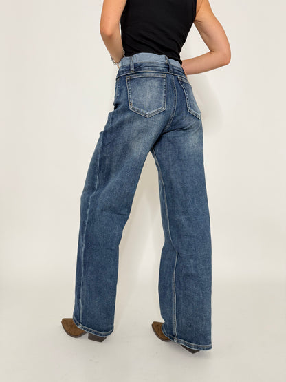 Jeans Wide Leg in Denim Blu con vita risvoltata