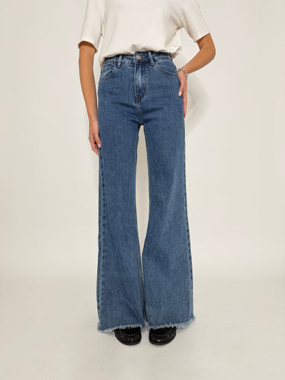 Jeans Wide Leg vita alta sfrangiato in Denim Blu