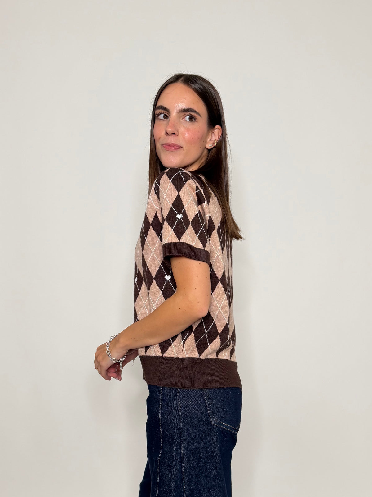 Maglia in viscosa a rombi coffe/caramello