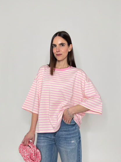 Maglia Felpa a righe light cotton in cotone Rosa/Panna