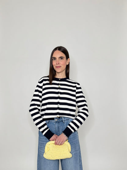 Cardigan in 100% cotone a righe girocollo Panna/Blu Navy