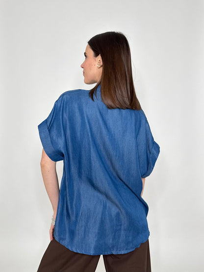 Camicia in chambray con taschino pailletes