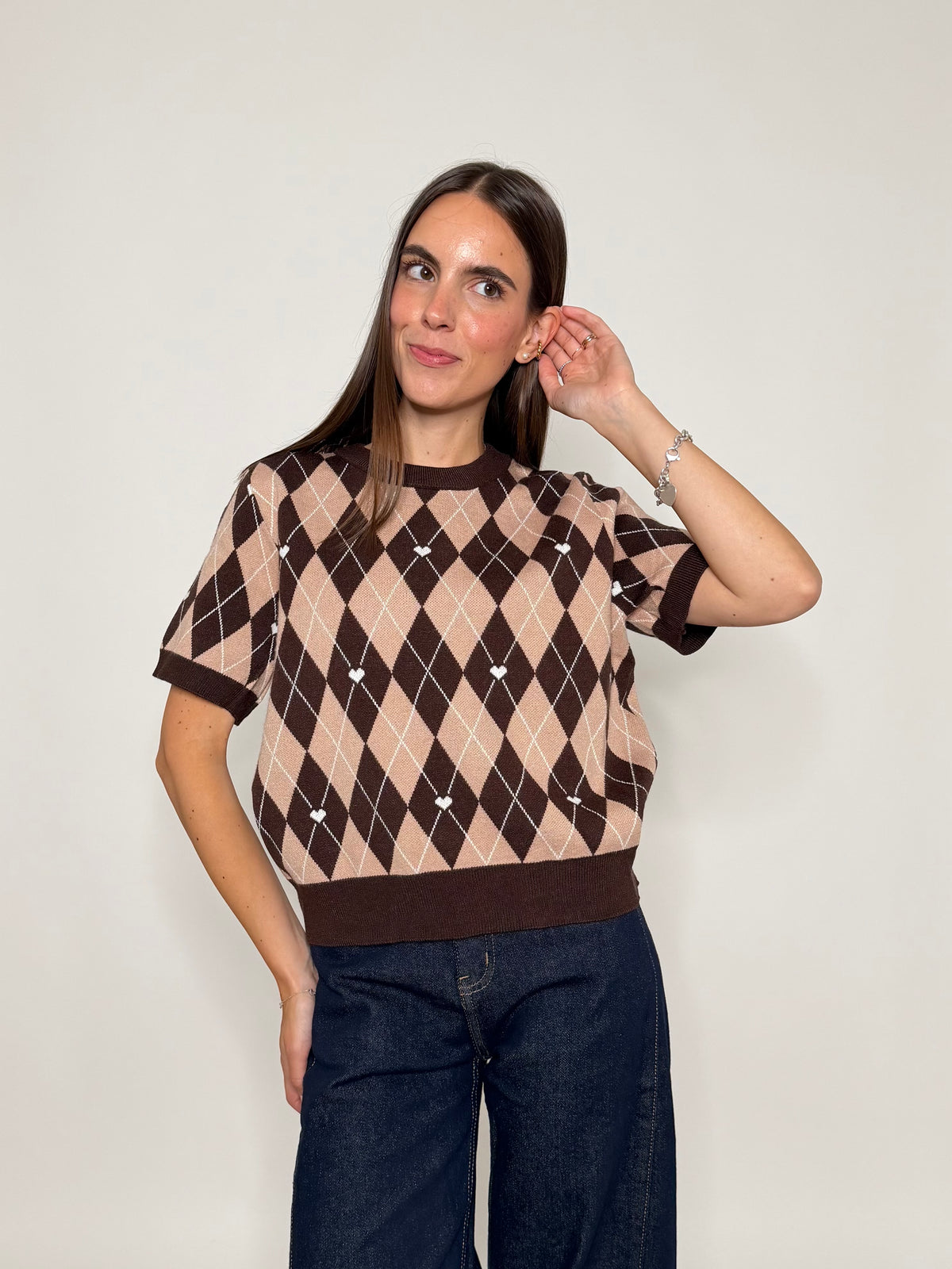 Maglia in viscosa a rombi coffe/caramello
