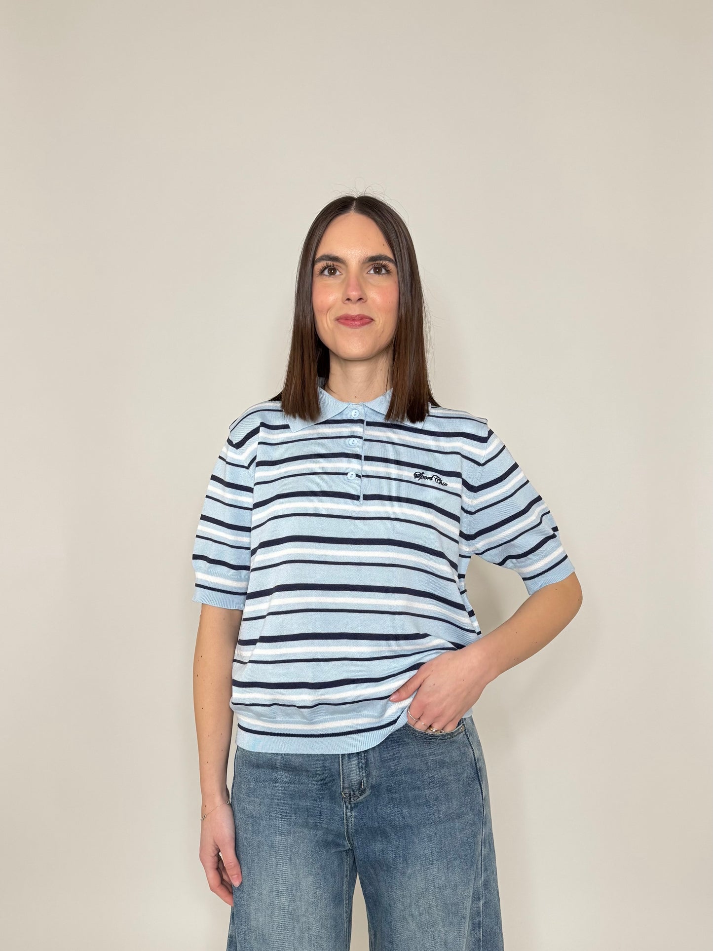 Polo in filo di viscosa a righe Celeste/blu navy