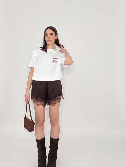 Shorts in satin cioccolato con pizzo