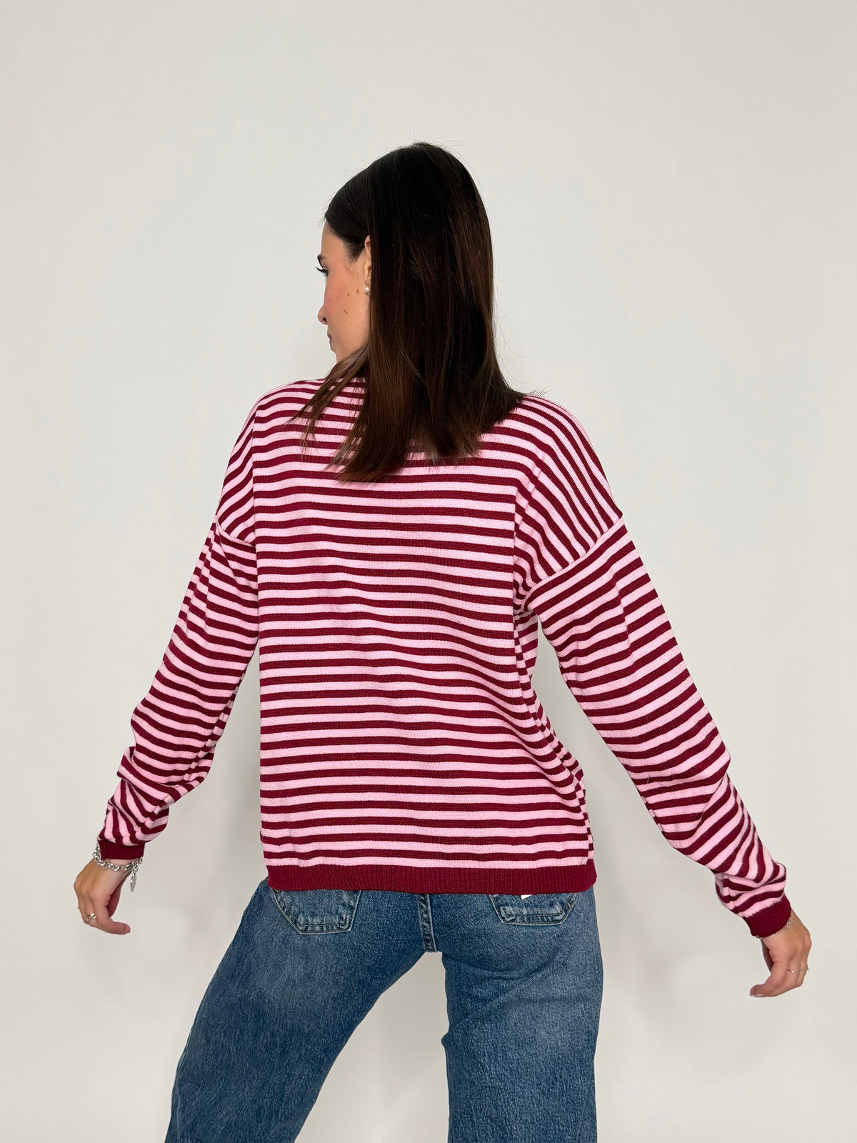Maglia mille righe fit in morbida viscosa manica lunga rosa india