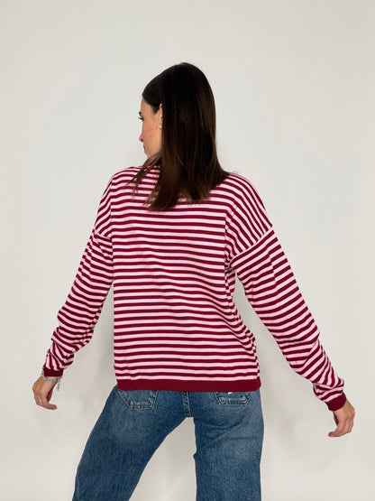 Maglia mille righe fit in morbida viscosa manica lunga rosa india