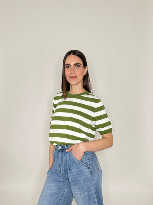 Maglia girocollo a righe manica corta in 100% cotone Pistacchio/Panna