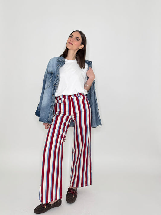 Jeans cinque tasche a righe modello wide leg Panna/Celeste/Bordeaux