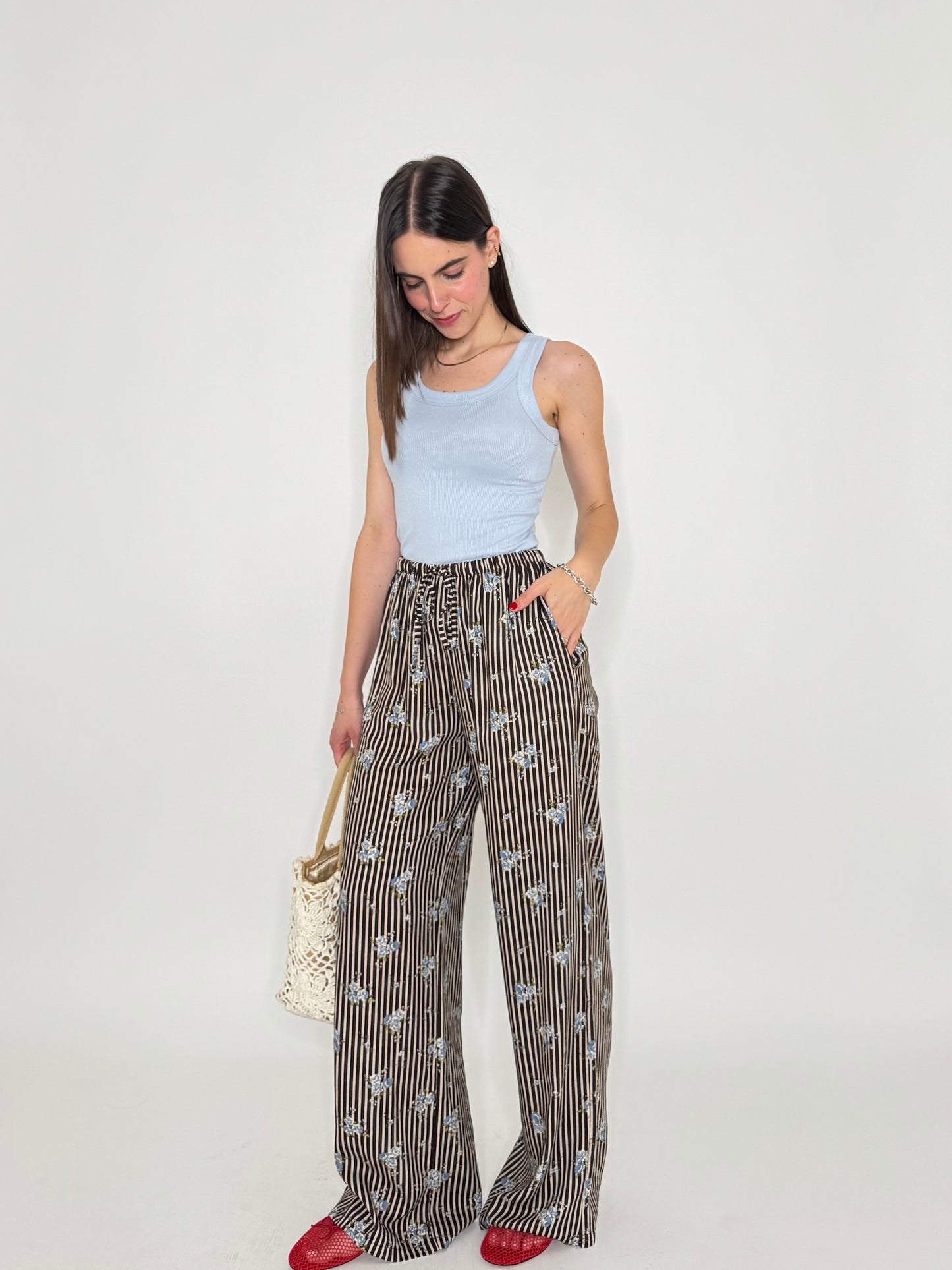 Pantalone in fantasia misto lino e viscosa Cioccolato