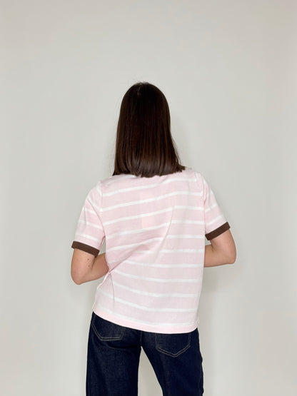 Polo maniche corte in filo di viscosa a righe rosa e bianco