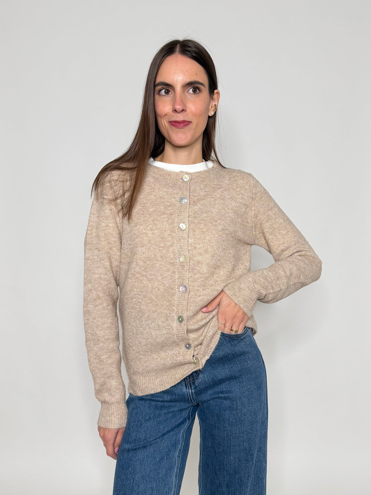 Cardigan "neve" in morbida viscosa e cotone beige melange