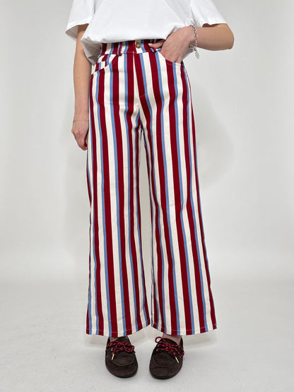 Jeans cinque tasche a righe modello wide leg Panna/Celeste/Bordeaux