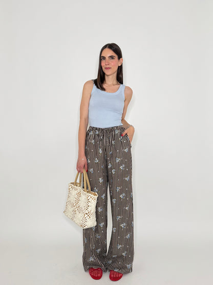 Pantalone in fantasia misto lino e viscosa Cioccolato