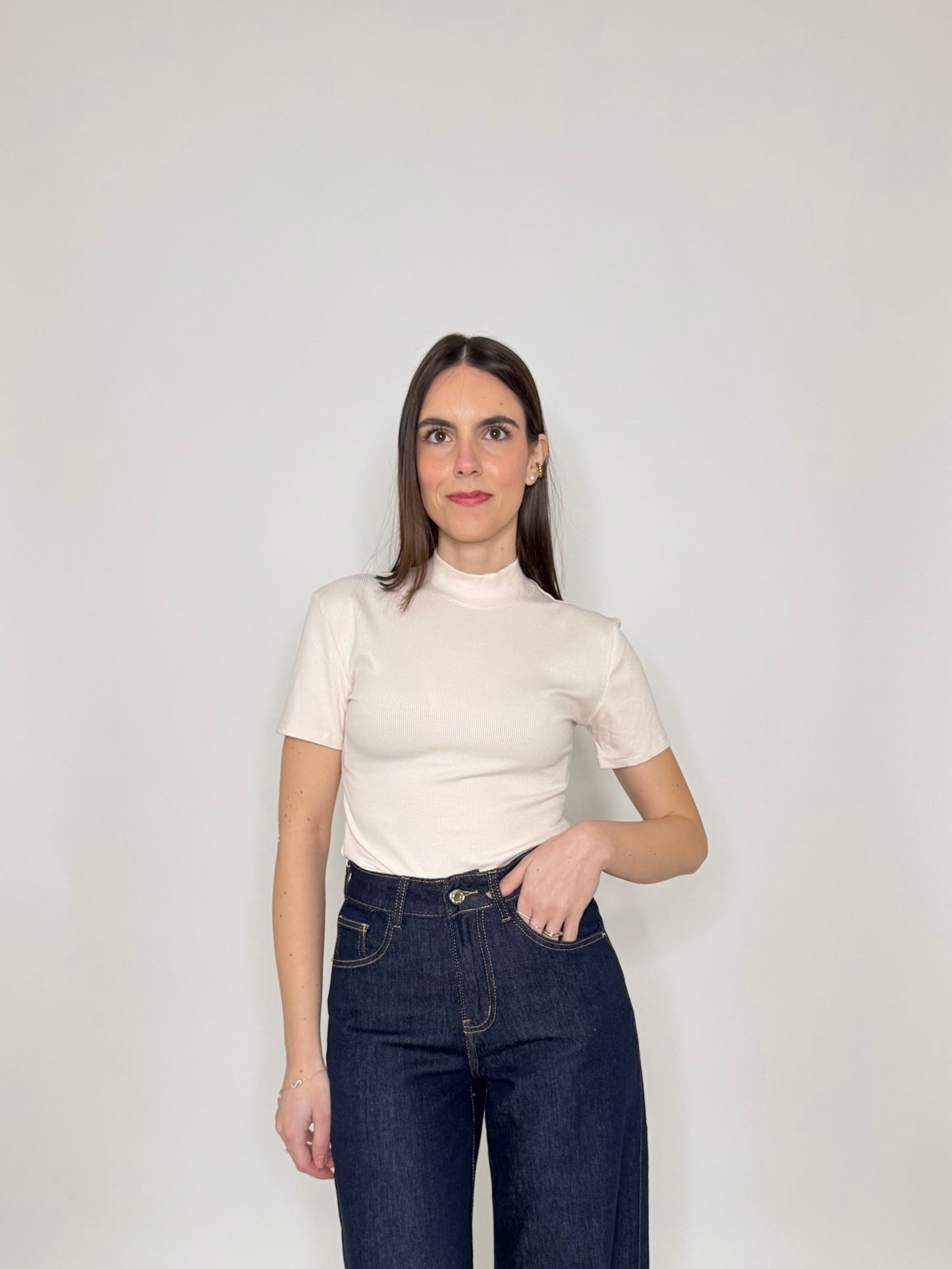 Maglia soft touch a costine mezzo collo in viscosa Rosa cipria