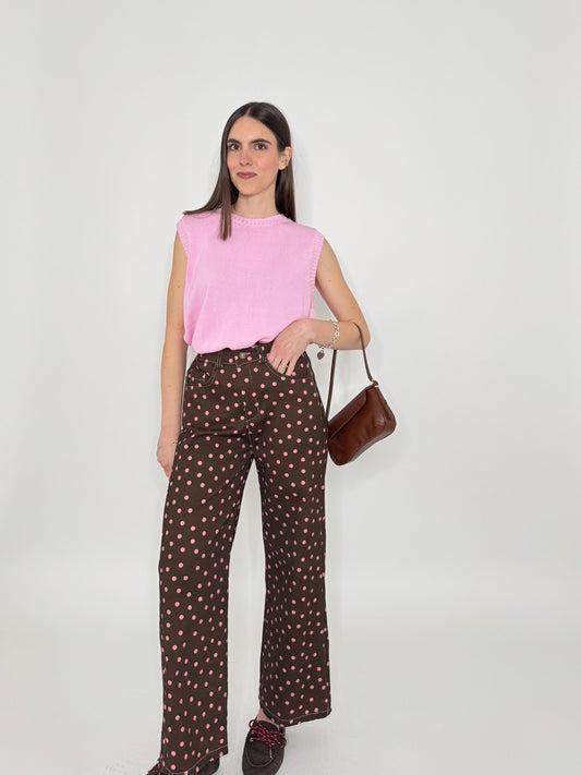 Jeans cinque tasche a pois modello wide leg Cioccolato/Rosa