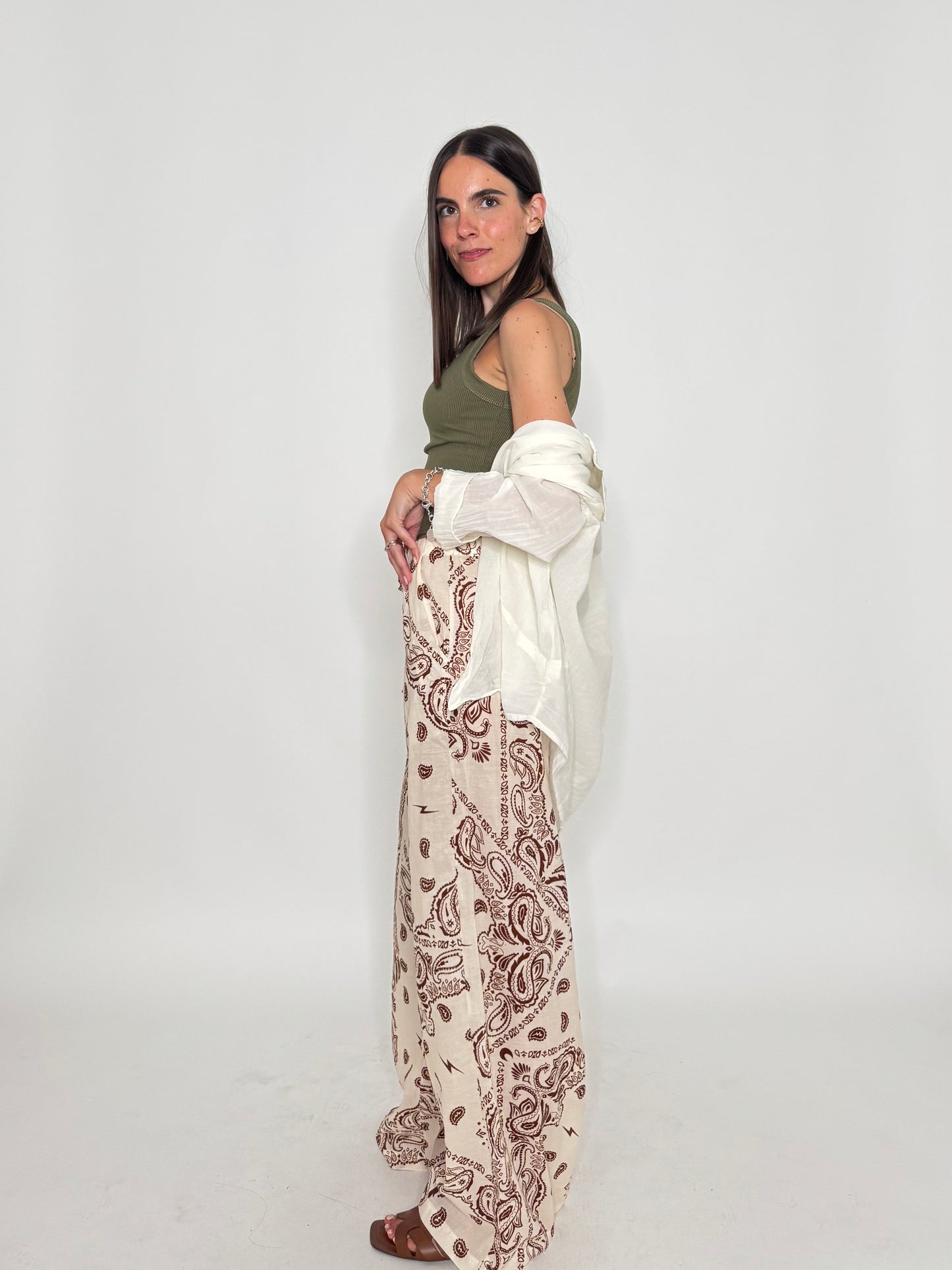 Pantalone in mussola di cotone stampa bandana Panna