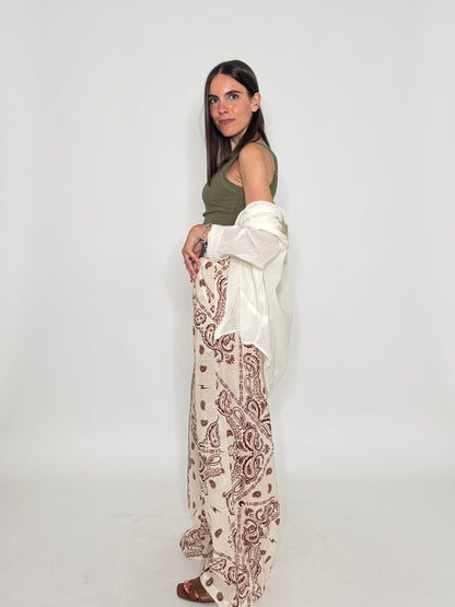 Pantalone in mussola di cotone stampa bandana Panna