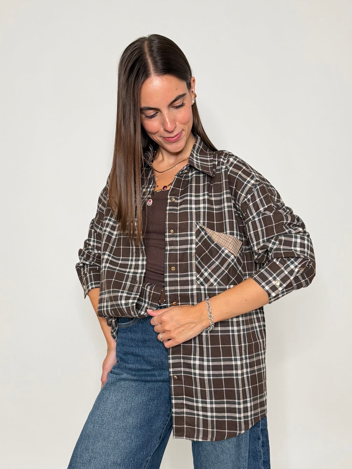 Camicia check in cotone con taschino cioccolato