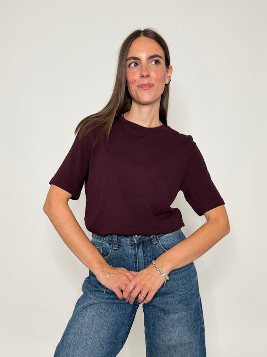 Maglia girocollo basic con impuntura in viscosa e cotone burgundy