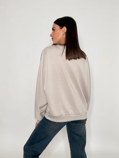 Felpa girocollo relax fit con impunture in viscosa beige